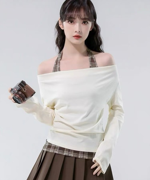 STAY MOTION（ステイモーション）の「【WEB限定】チェック柄ホルターネックオフショルダートップス［韓国ファッション カジュアル］（Tシャツ/カットソー・レディース・グレー/アイボリー/ブラック・F）」の14枚目の写真