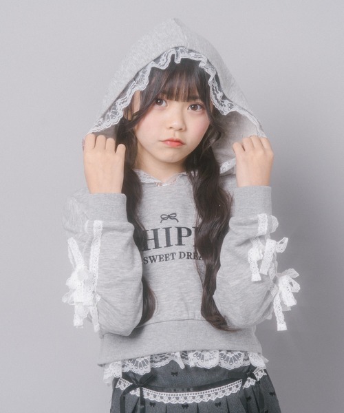 URBAN CHERRY(アーバンチェリー)の「【CHIPIE/シピ】レースリボンラインフーディー(スウェット・キッズ・ホワイト/ブラック/グレー・140cm/130cm/120cm/110cm/150cm)」の18枚目の写真