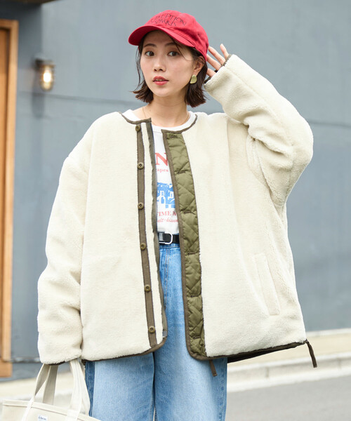 FREAK'S STORE（フリークスストア）の「限定展開 TAION × FREAK'S STORE/タイオン 別注 リバーシブル ボア キルティング ノーカラーダウン（ダウンジャケット/コート・レディース・オリーブ/ブラック/ベージュ・ﾌﾘ-）」の4枚目の写真