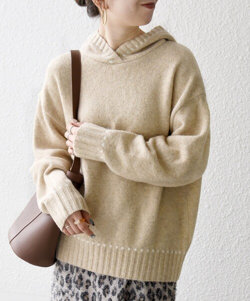 SHIPS any:〈手洗い可能〉ステッチ デザイン フーディー ルーズ ニット