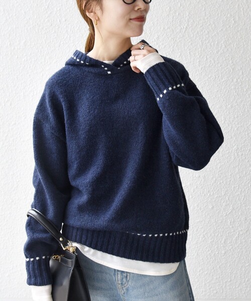 シップス エニィ（SHIPS any）/SHIPS any:〈手洗い可能〉ステッチ デザイン フーディー ルーズ ニット セール】SHIPS any:〈手洗い可能〉ステッチ デザイン フーディー