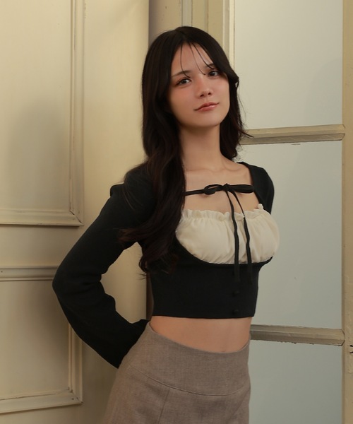 M DOLLY（エムドリー）の「*M DOLLY original* front ribbon Serafina knit tops/フロントリボンセラフィナニットトップス（ニット/セーター・レディース・ブラック/ベージュ・FREE）」の5枚目の写真