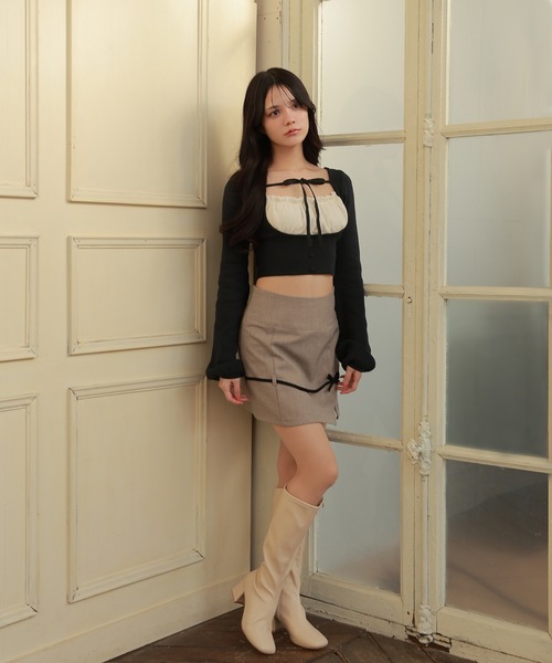 M DOLLY（エムドリー）の「*M DOLLY original* front ribbon Serafina knit tops/フロントリボンセラフィナニットトップス（ニット/セーター・レディース・ブラック/ベージュ・FREE）」の7枚目の写真