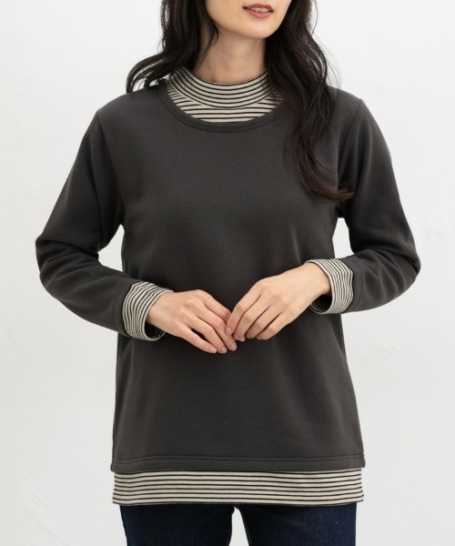 Honeys（ハニーズ）の「【ハニぽか】レイヤード風トップス（スウェット・レディース・ピンク/グリーン/ネイビー/スミクロ・M/LL/L）」の7枚目の写真