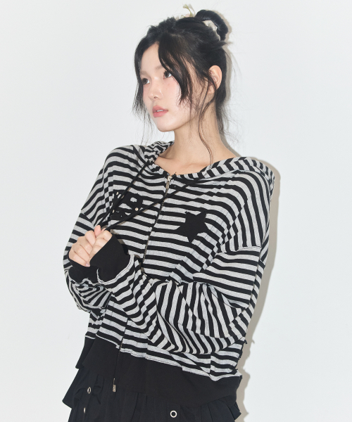 セール】スタリーストライプフードジップアップブラック（パーカー