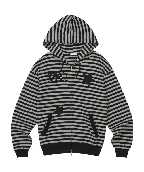 セール】スタリーストライプフードジップアップブラック（パーカー
