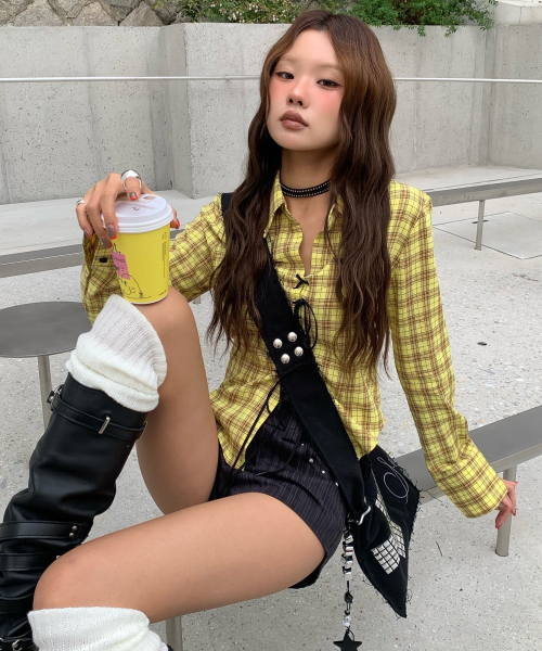 SETUP-EXE(セットアップイーエックスイー)の「CHECK RACE-UP SHIRT / YELLOW(シャツ/ブラウス・レディース・その他・OS)」の1枚目の写真