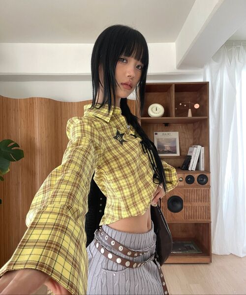 SETUP-EXE(セットアップイーエックスイー)の「CHECK RACE-UP SHIRT / YELLOW(シャツ/ブラウス・レディース・その他・OS)」の4枚目の写真