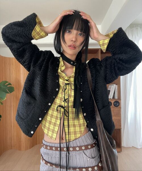 SETUP-EXE(セットアップイーエックスイー)の「CHECK RACE-UP SHIRT / YELLOW(シャツ/ブラウス・レディース・その他・OS)」の5枚目の写真
