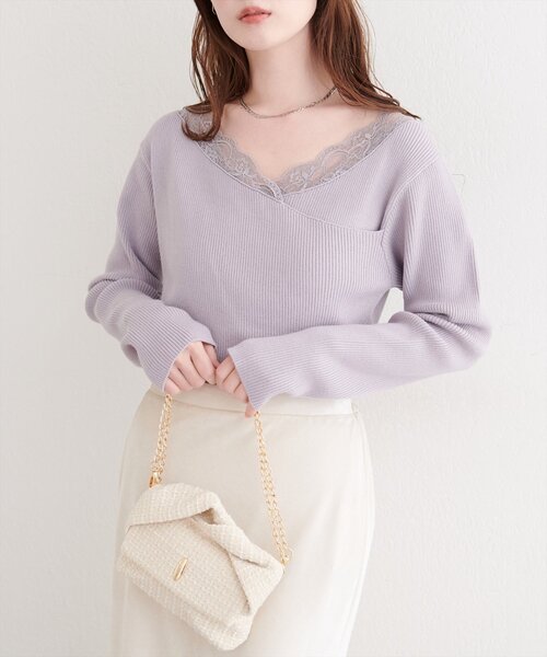 natural couture（ナチュラルクチュール）の「アシメレースネックリブニットプルオーバー（ニット/セーター・レディース・ラベンダー/ピンク/サックスブルー/ブラック/オフホワイト・FREE）」の4枚目の写真