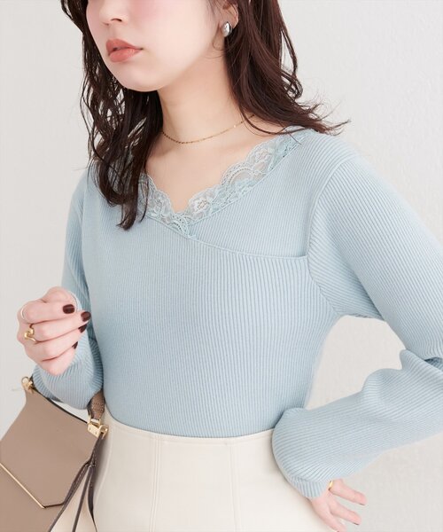 natural couture（ナチュラルクチュール）の「アシメレースネックリブニットプルオーバー（ニット/セーター・レディース・ラベンダー/ピンク/サックスブルー/ブラック/オフホワイト・FREE）」の3枚目の写真