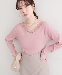 アシメレースネックリブニットプルオーバー