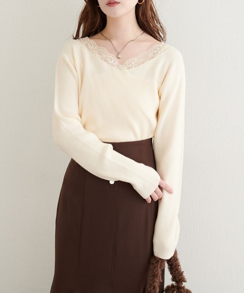 natural couture（ナチュラルクチュール）の「アシメレースネックリブニットプルオーバー（ニット/セーター・レディース・ラベンダー/ピンク/サックスブルー/ブラック/オフホワイト・FREE）」の7枚目の写真