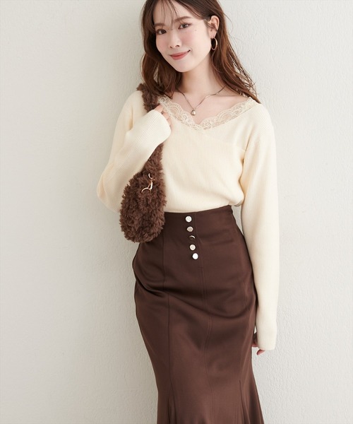 natural couture（ナチュラルクチュール）の「アシメレースネックリブニットプルオーバー（ニット/セーター・レディース・ラベンダー/ピンク/サックスブルー/ブラック/オフホワイト・FREE）」の8枚目の写真