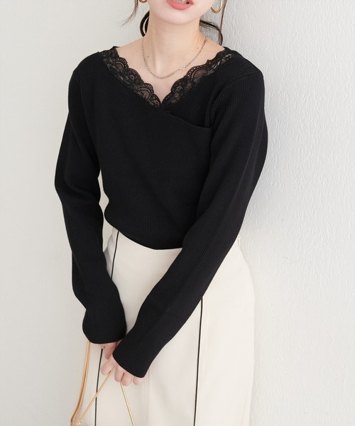 natural couture（ナチュラルクチュール）の「アシメレースネックリブニットプルオーバー（ニット/セーター・レディース・ラベンダー/ピンク/サックスブルー/ブラック/オフホワイト・FREE）」の12枚目の写真