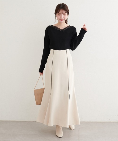 natural couture（ナチュラルクチュール）の「アシメレースネックリブニットプルオーバー（ニット/セーター・レディース・ラベンダー/ピンク/サックスブルー/ブラック/オフホワイト・FREE）」の13枚目の写真