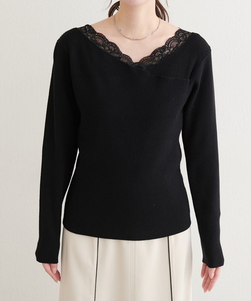 natural couture（ナチュラルクチュール）の「アシメレースネックリブニットプルオーバー（ニット/セーター・レディース・ラベンダー/ピンク/サックスブルー/ブラック/オフホワイト・FREE）」の16枚目の写真