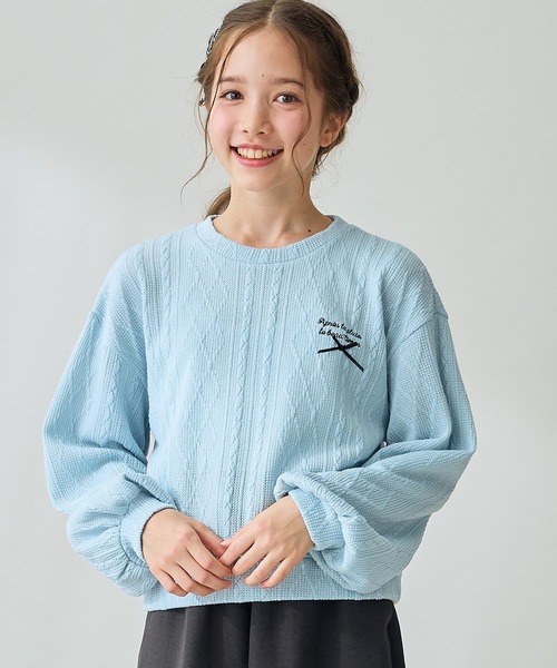 Amourire girl（アムリールガール）の「ニットソーボリューム袖プルオーバー（ニット/セーター・キッズ・ピンク/サックスブルー/グレー/オフホワイト・140cm/160cm/130cm/150cm）」の3枚目の写真