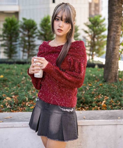 セール】《ふわシャギー×ラメ混》ワイドネックリボンニットトップス 冬