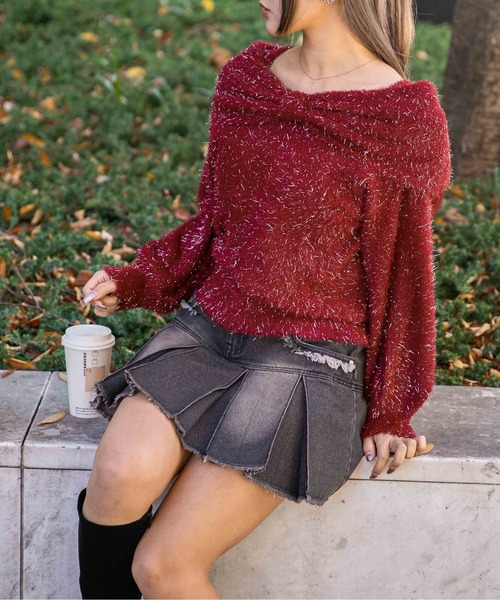 GORGE(ゴージ)の「《ふわシャギー×ラメ混》ワイドネックリボンニットトップス 冬◎(ニット/セーター・レディース・アイボリー/ボルドー/チャコール・F)」の17枚目の写真