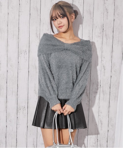 GORGE(ゴージ)の「《ふわシャギー×ラメ混》ワイドネックリボンニットトップス 冬◎(ニット/セーター・レディース・アイボリー/ボルドー/チャコール・F)」の5枚目の写真