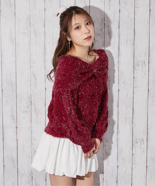 GORGE(ゴージ)の「《ふわシャギー×ラメ混》ワイドネックリボンニットトップス 冬◎(ニット/セーター・レディース・アイボリー/ボルドー/チャコール・F)」の18枚目の写真