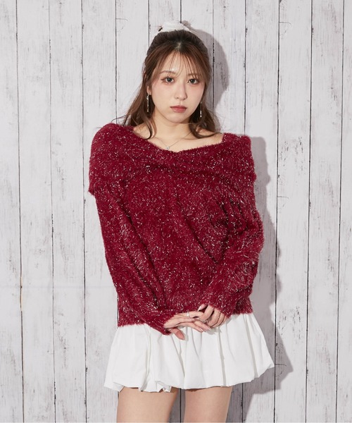 GORGE(ゴージ)の「《ふわシャギー×ラメ混》ワイドネックリボンニットトップス 冬◎(ニット/セーター・レディース・アイボリー/ボルドー/チャコール・F)」の19枚目の写真
