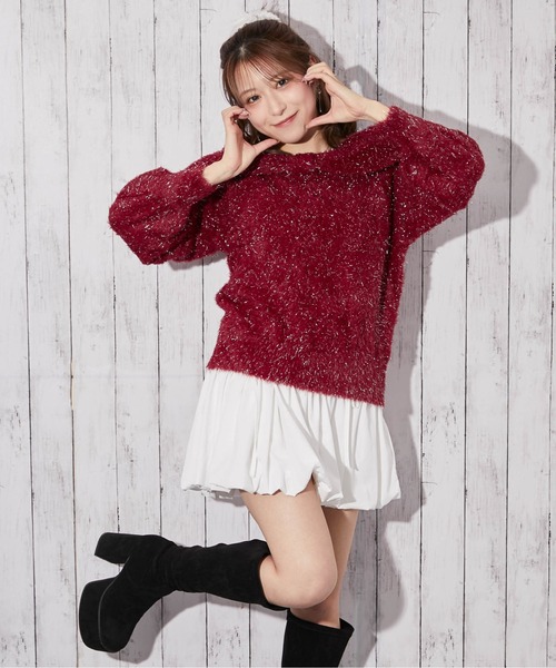 セール】《ふわシャギー×ラメ混》ワイドネックリボンニットトップス 冬