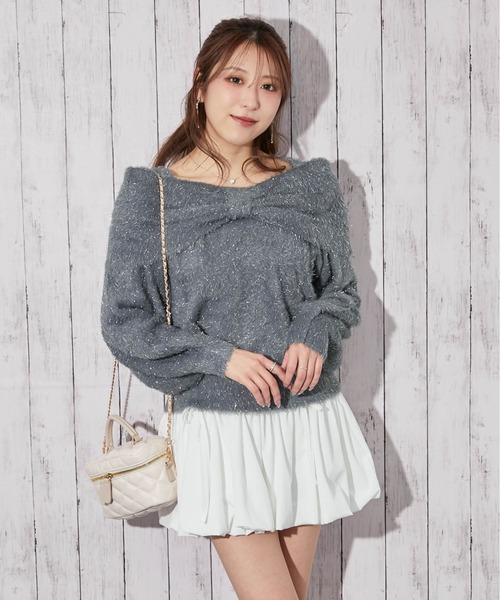 セール】《ふわシャギー×ラメ混》ワイドネックリボンニットトップス 冬