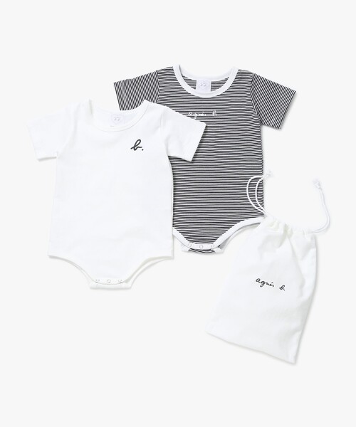 agnes b.(アニエスベー)の「ベビー ロゴ ボーダー コットン 半袖 ボディスーツ 2枚組(ロンパース・キッズ・ホワイト・6MONTH/1YEAR)」の1枚目の写真