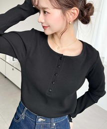 Tシャツ/カットソー（ブラック/黒色系・ヘンリーネック）ファッション