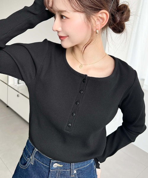 デコルテヘンリーネック長袖リブトップス（Tシャツ/カットソー