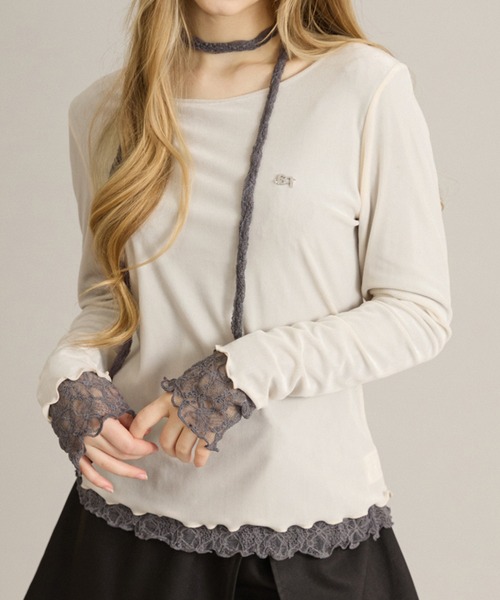 apres jour mignon(アプレジュールミニョン)の「リバーシブルレースタイ付きトップス(Tシャツ/カットソー・レディース・グレイッシュベージュ/オフホワイト/ホワイト系その他2・フリー/LARGE)」の1枚目の写真