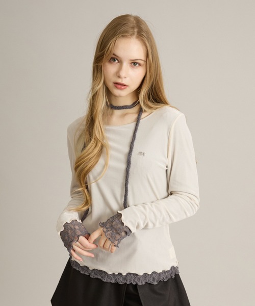 apres jour mignon(アプレジュールミニョン)の「リバーシブルレースタイ付きトップス(Tシャツ/カットソー・レディース・グレイッシュベージュ/オフホワイト/ホワイト系その他2・フリー/LARGE)」の7枚目の写真