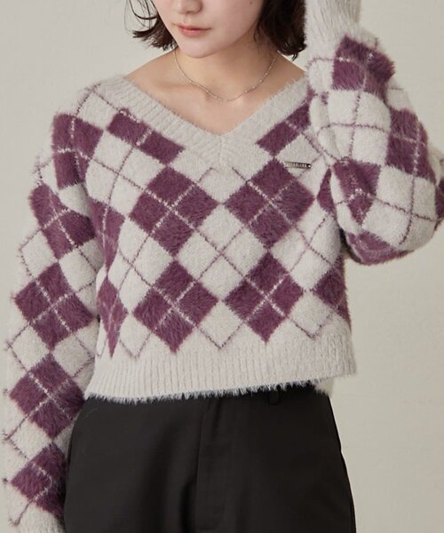 mline（エムライン）の「[mline]アーガイル ショートニット（ニット/セーター・レディース・アイボリー/ネイビー/パープル・FREE）」の3枚目の写真