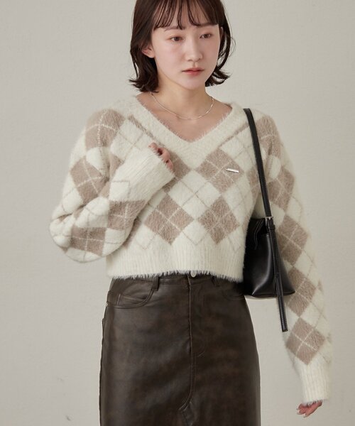 mline（エムライン）の「[mline]アーガイル ショートニット（ニット/セーター・レディース・アイボリー/ネイビー/パープル・FREE）」の4枚目の写真