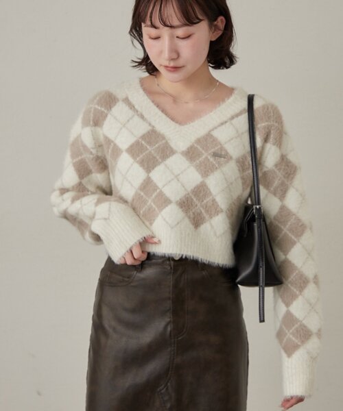 mline（エムライン）の「[mline]アーガイル ショートニット（ニット/セーター・レディース・アイボリー/ネイビー/パープル・FREE）」の5枚目の写真