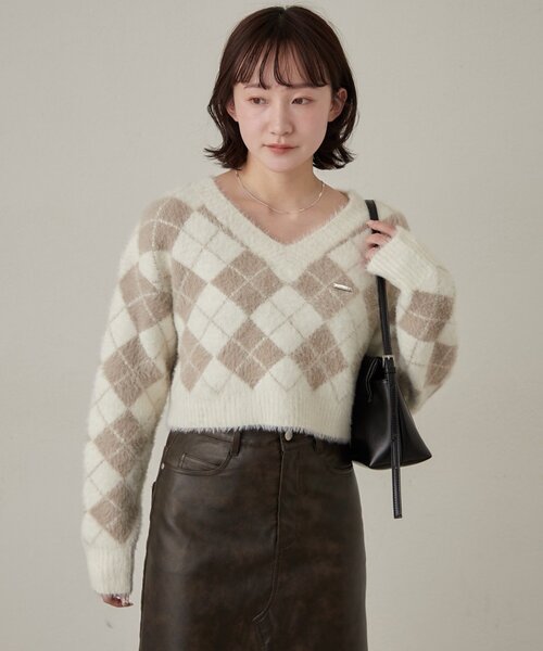mline（エムライン）の「[mline]アーガイル ショートニット（ニット/セーター・レディース・アイボリー/ネイビー/パープル・FREE）」の6枚目の写真