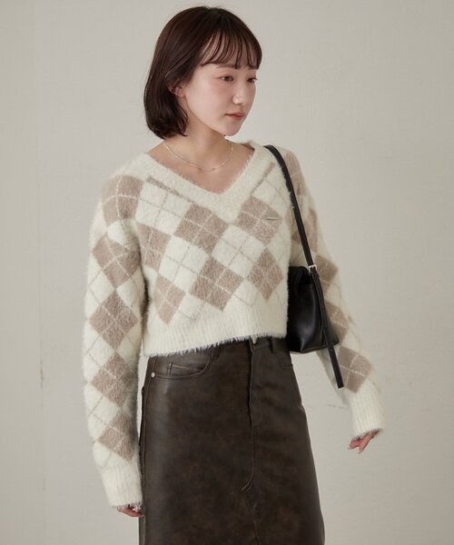 mline（エムライン）の「[mline]アーガイル ショートニット（ニット/セーター・レディース・アイボリー/ネイビー/パープル・FREE）」の7枚目の写真