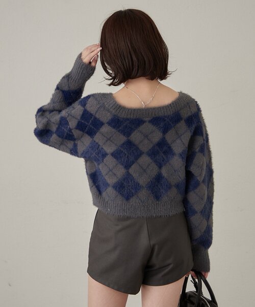 mline（エムライン）の「[mline]アーガイル ショートニット（ニット/セーター・レディース・アイボリー/ネイビー/パープル・FREE）」の14枚目の写真
