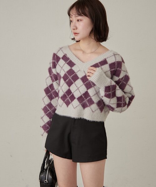 mline（エムライン）の「[mline]アーガイル ショートニット（ニット/セーター・レディース・アイボリー/ネイビー/パープル・FREE）」の19枚目の写真