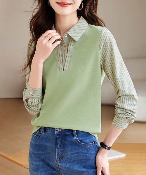 ONEP STAR(ワンピスター)の「レイヤード風ベスト×ストライプシャツ(シャツ/ブラウス・レディース・グリーン/ネイビー・MEDIUM/LARGE/X-LARGE)」の3枚目の写真