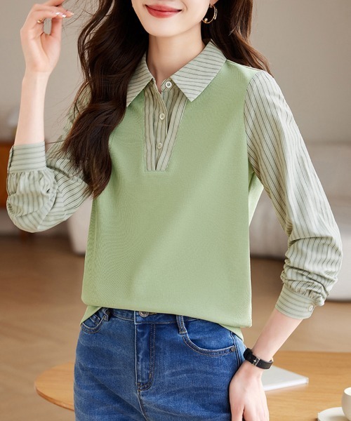 ONEP STAR(ワンピスター)の「レイヤード風ベスト×ストライプシャツ(シャツ/ブラウス・レディース・グリーン/ネイビー・MEDIUM/LARGE/X-LARGE)」の4枚目の写真