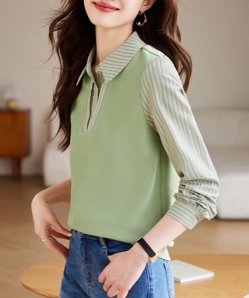 ONEP STAR(ワンピスター)の「レイヤード風ベスト×ストライプシャツ(シャツ/ブラウス・レディース・グリーン/ネイビー・MEDIUM/LARGE/X-LARGE)」の6枚目の写真