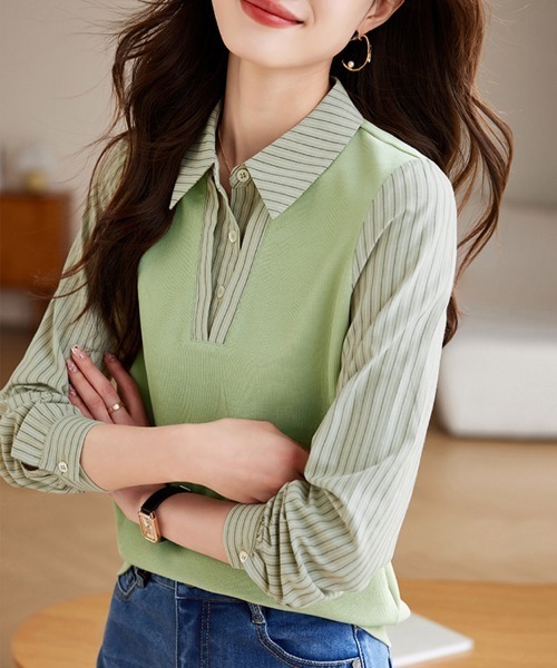 ONEP STAR(ワンピスター)の「レイヤード風ベスト×ストライプシャツ(シャツ/ブラウス・レディース・グリーン/ネイビー・MEDIUM/LARGE/X-LARGE)」の8枚目の写真