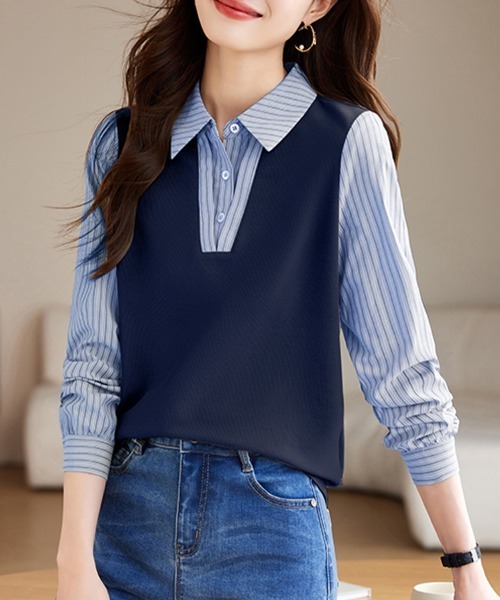 ONEP STAR(ワンピスター)の「レイヤード風ベスト×ストライプシャツ(シャツ/ブラウス・レディース・グリーン/ネイビー・MEDIUM/LARGE/X-LARGE)」の9枚目の写真