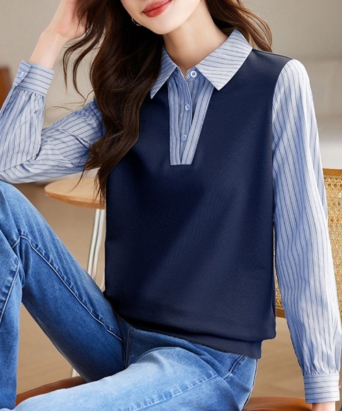 ONEP STAR(ワンピスター)の「レイヤード風ベスト×ストライプシャツ(シャツ/ブラウス・レディース・グリーン/ネイビー・MEDIUM/LARGE/X-LARGE)」の10枚目の写真