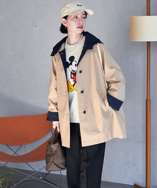 FREAK'S STORE(フリークスストア)の「2way フード付き ステンカラーコート/ミドル丈ステンカラーコート/スプリングコート(ステンカラーコート・レディース・ネイビー/ベージュ・フリ-)」の2枚目の写真