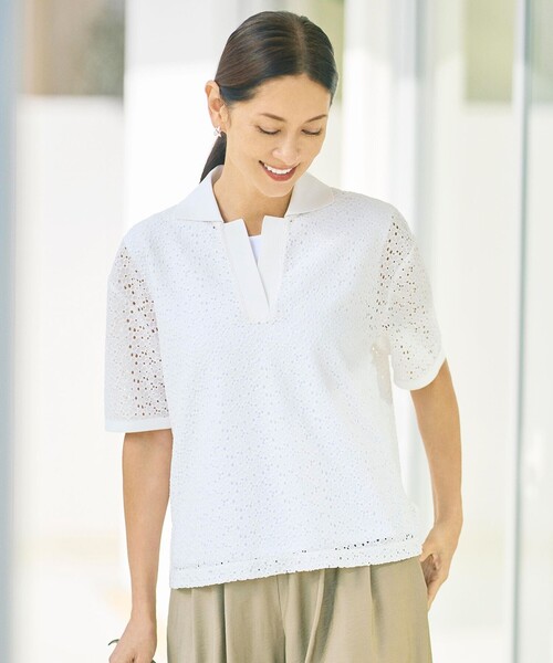 自由区(ジユウク)の「ラッセルレースジャージー トップス(Tシャツ/カットソー・レディース・アイボリー系/ブラック系/黄土色系・40/38)」の3枚目の写真