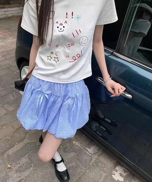 WEGO(ウィゴー)の「リボン付きギンガムチェックバルーンスカートパンツ(スカート・レディース・ブラック/ブルー・MEDIUM/LARGE)」の1枚目の写真